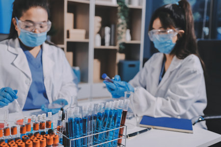 Researcher using a professional microscopeの写真素材