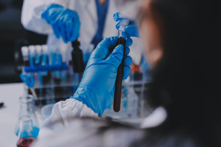 Researcher using a professional microscopeの写真素材