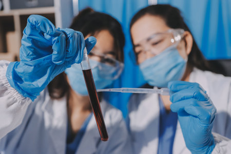 Researcher using a professional microscopeの写真素材