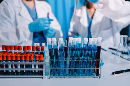 Researcher using a professional microscopeの写真素材