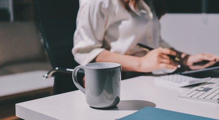 Expert woman asian female people review data number costing managerial account prepare monthly actual cost variance report at tax audit office. ESG sheet budget control ERP process service project.の写真素材