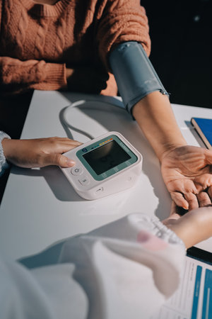 Nurse measuring blood pressure of elderly woman at table, closeup. Assisting senior generationの写真素材