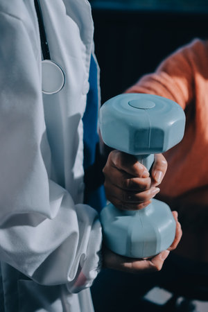 Physiotherapist training with patient using dumbbells in clinic,Physical therapy conceptの写真素材