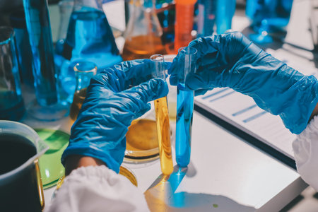 Scientist pipetting medical samples into microplate in laboratoryの写真素材