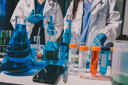 Scientist pipetting medical samples into microplate in laboratory