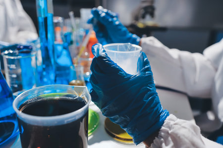 Scientist pipetting medical samples into microplate in laboratory