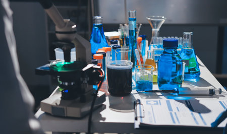 Scientist pipetting medical samples into microplate in laboratoryの写真素材