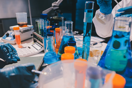 Scientist pipetting medical samples into microplate in laboratory