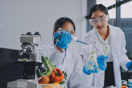 Chemical Laboratory of the Food supply . Food in laboratory, dna modify . GMO Genetically modified food in labの写真素材