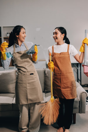 Female janitor with vacuum cleaner in roomの写真素材