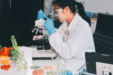 Chemical Laboratory of the Food supply . Food in laboratory, dna modify .GMO Genetically modified food in labの写真素材