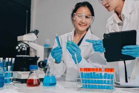 Researchers working in the clinical laboratoryの写真素材