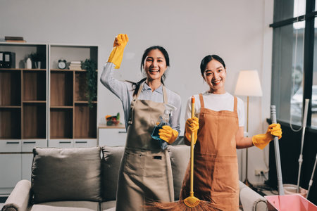 Female janitor with vacuum cleaner in roomの写真素材