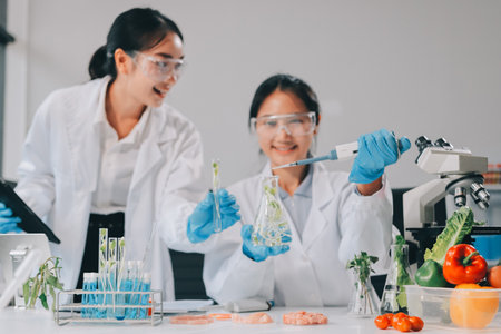 Chemical Laboratory of the Food supply. Food in laboratory, dna modify. GMO Genetically modified food in labの写真素材