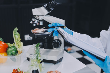 Chemical Laboratory of the Food supply . Food in laboratory, dna modify .GMO Genetically modified food in labの写真素材