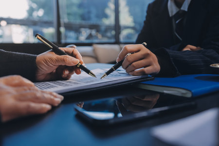 Judge gavel with Justice lawyers, Business woman in suit or lawyer working on a documents. Legal law, advice and justice concept.の写真素材