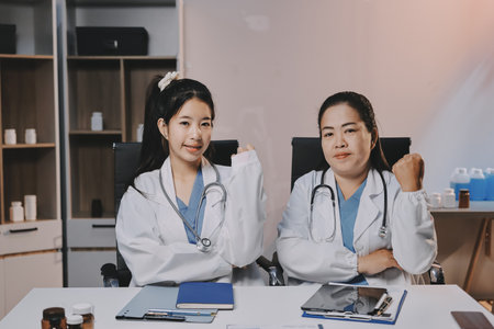 doctors and nurse having informal meeting in hospital canteenの写真素材
