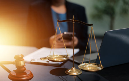 female business woman lawyers working at the law firms. Judge gavel with scales of justice. Legal law, lawyer, documents, advice and justice concept.の写真素材