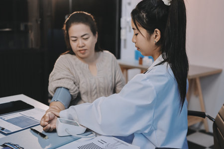 Doctor using sphygmomanometer with stethoscope checking blood pressure to a patient in the hospital.の写真素材