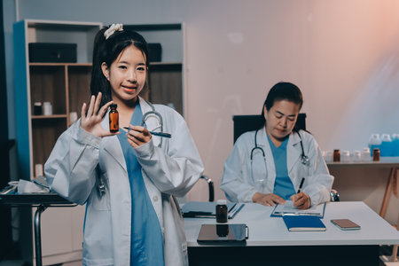 doctors and nurse having informal meeting in hospital canteenの写真素材