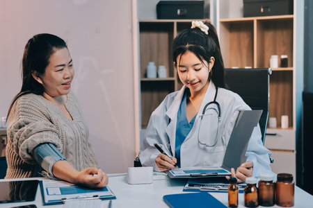 Doctor using sphygmomanometer with stethoscope checking blood pressure to a patient in the hospital.の写真素材