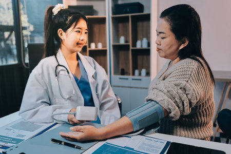 Doctor using sphygmomanometer with stethoscope checking blood pressure to a patient in the hospital.