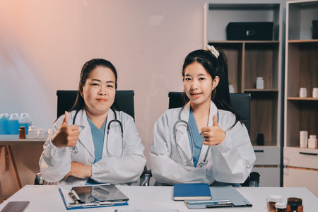doctors having informal meeting in hospital canteenの写真素材