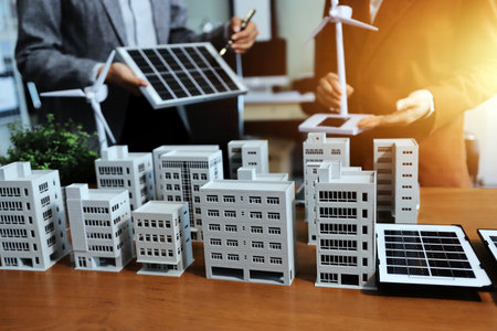 Discussion among businesspeople on the latest developments in solar cell panel technology and Solar...