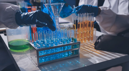 Scientist pipetting medical samples into microplate in laboratory