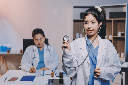 doctors and nurse having informal meeting in hospital canteenの写真素材
