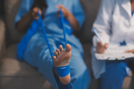 Confident physical therapist helps patient use resistance band stretching out his leg in clinic room.の写真素材