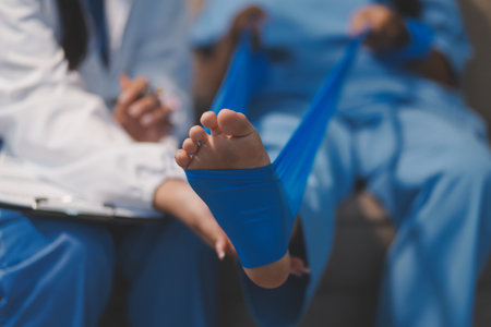 Confident physical therapist helps patient use resistance band stretching out his leg in clinic room.の写真素材