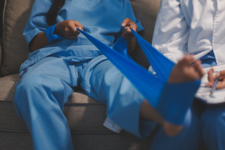 Confident physical therapist helps patient use resistance band stretching out his leg in clinic...