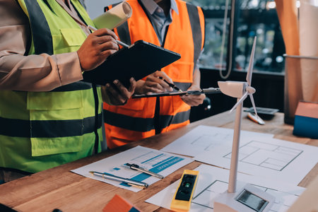 Engineers are helping to design work on blueprints and collaborate on structural analyzing of project types.の写真素材