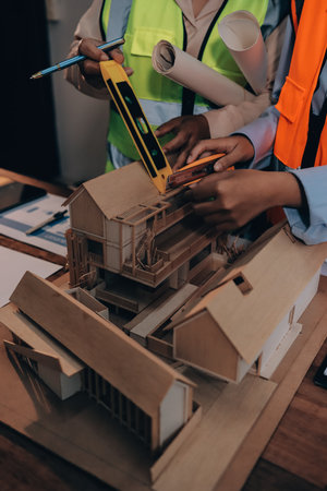 Engineers are helping to design work on blueprints and collaborate on structural analyzing of project types.の写真素材