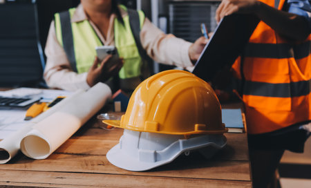 Engineers are helping to design work on blueprints and collaborate on structural analyzing of project types.の写真素材