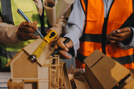 Engineers are helping to design work on blueprints and collaborate on structural analyzing of project types.の写真素材