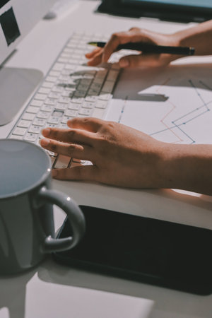 Expert woman asian female people review data number costing managerial account prepare monthly...