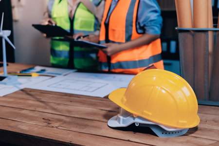 Engineers are helping to design work on blueprints and collaborate on structural analyzing of project types.の写真素材