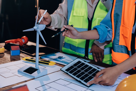 Engineers are helping to design work on blueprints and collaborate on structural analyzing of...