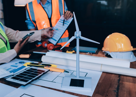 Engineers are helping to design work on blueprints and collaborate on structural analyzing of project types.の写真素材