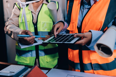 Engineers are helping to design work on blueprints and collaborate on structural analyzing of...