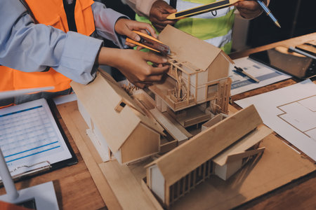 Engineers are helping to design work on blueprints and collaborate on structural analyzing of project types.の写真素材