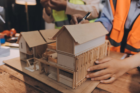 Engineers are helping to design work on blueprints and collaborate on structural analyzing of project types.の写真素材