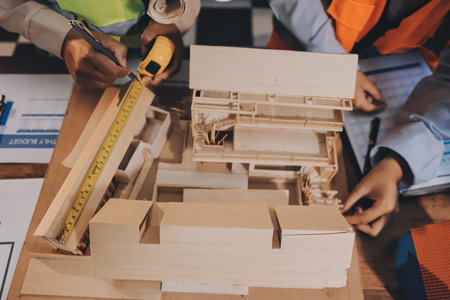 Engineers are helping to design work on blueprints and collaborate on structural analyzing of project types.の写真素材