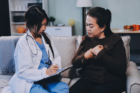 Homecare nursing service and elderly people cardiology healthcare. Close up of young hispanic female...