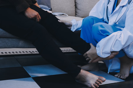 Young doctor examines senior patient's legの写真素材
