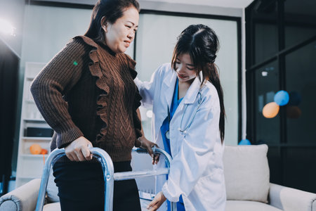 Young doctor examines senior patient's legの写真素材
