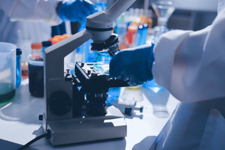 Scientist pipetting medical samples into microplate in laboratoryの写真素材