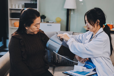 Doctor using Blood pressure monitor and stethoscope checking measuring arterial blood pressure on arm to a patient in the hospital, healthcare and medical conceptの写真素材